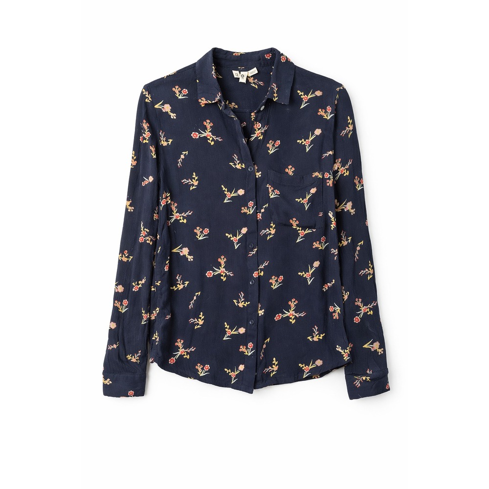 Roxy Floral Button Front Blouse XS‎ Navy Long Sleeve Pocket Top